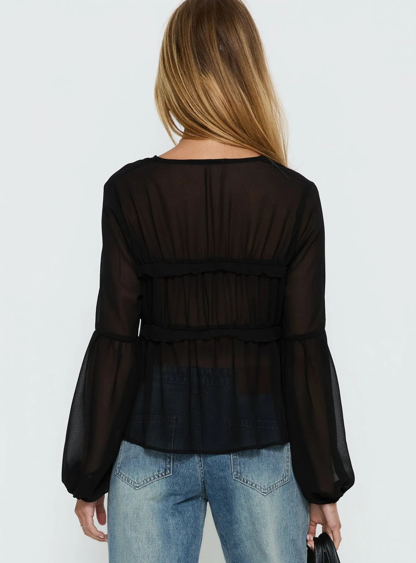 Palapa Tie Detail Sheer Long Sleeve Top Black sold by Princess Polly product image thumbnail 4