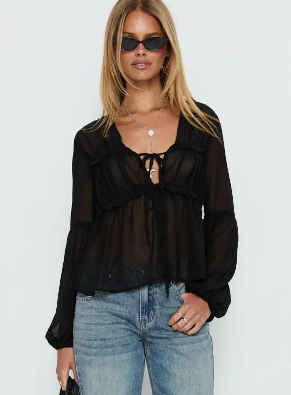 Palapa Tie Detail Sheer Long Sleeve Top Black sold by Princess Polly