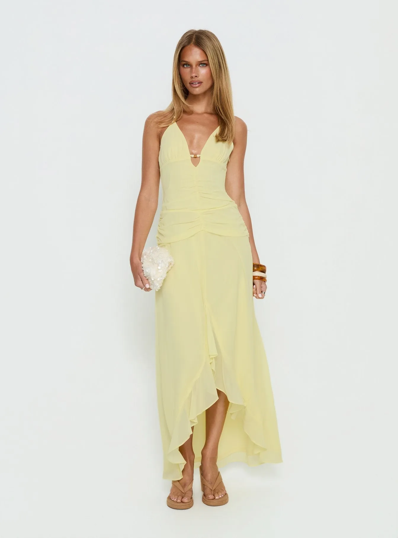 Roxine Asymmetrical Halter Maxi Dress Yellow sold by Princess Polly