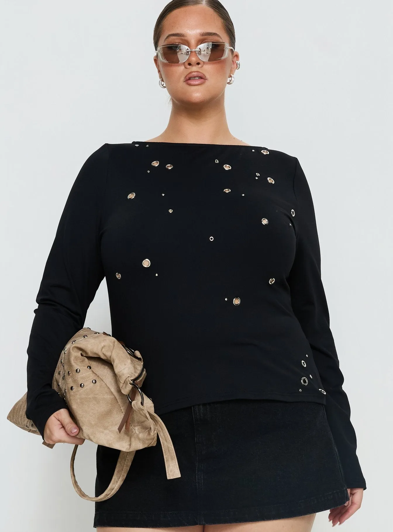 Ryka Long Sleeve Eyelet Top Black Curve sold by Princess Polly product image thumbnail 2