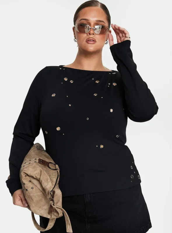 Ryka Long Sleeve Eyelet Top Black Curve sold by Princess Polly