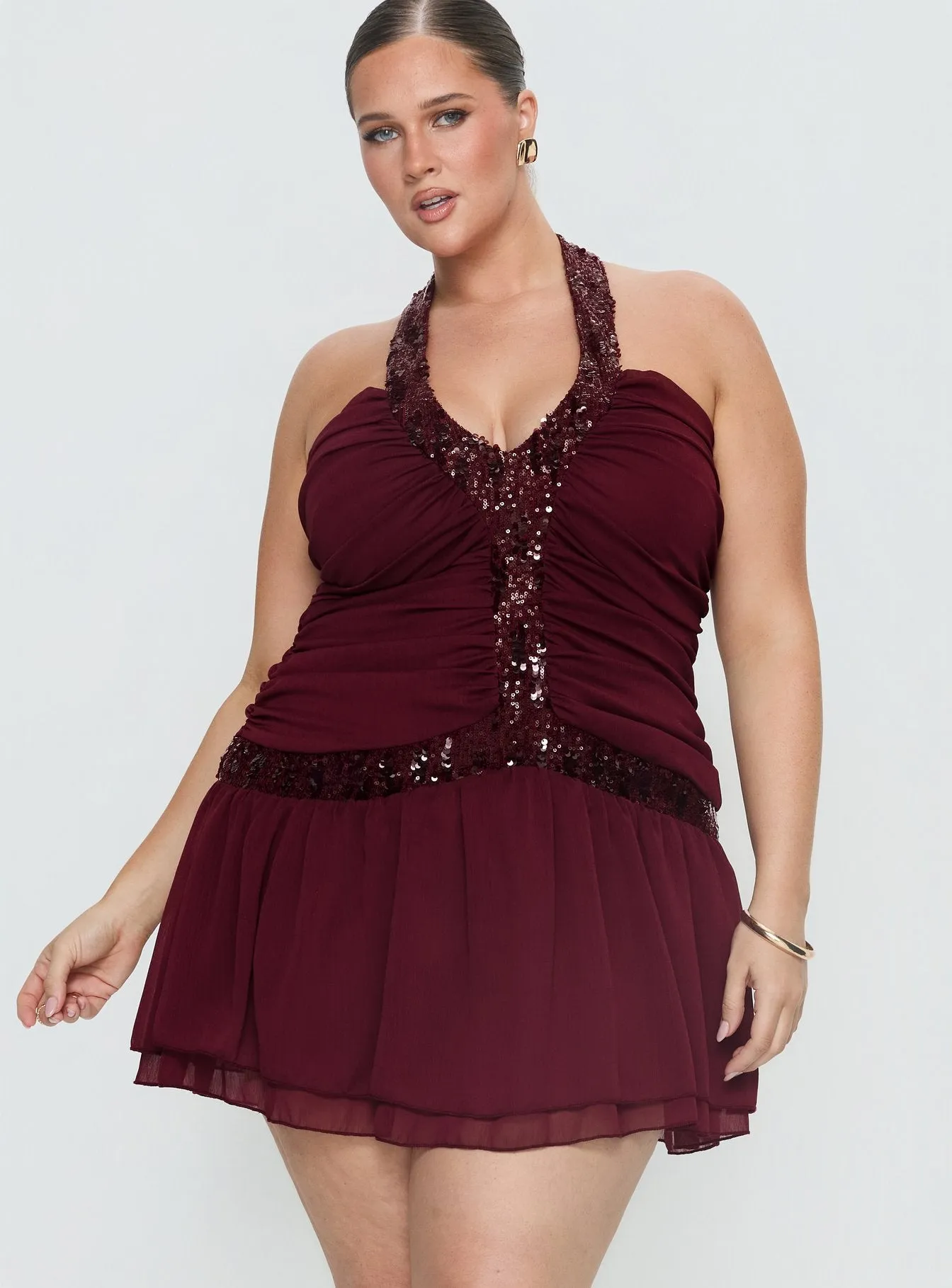 Aisleigh Sequin Halter Mini Dress Berry Curve sold by Princess Polly product image thumbnail 2