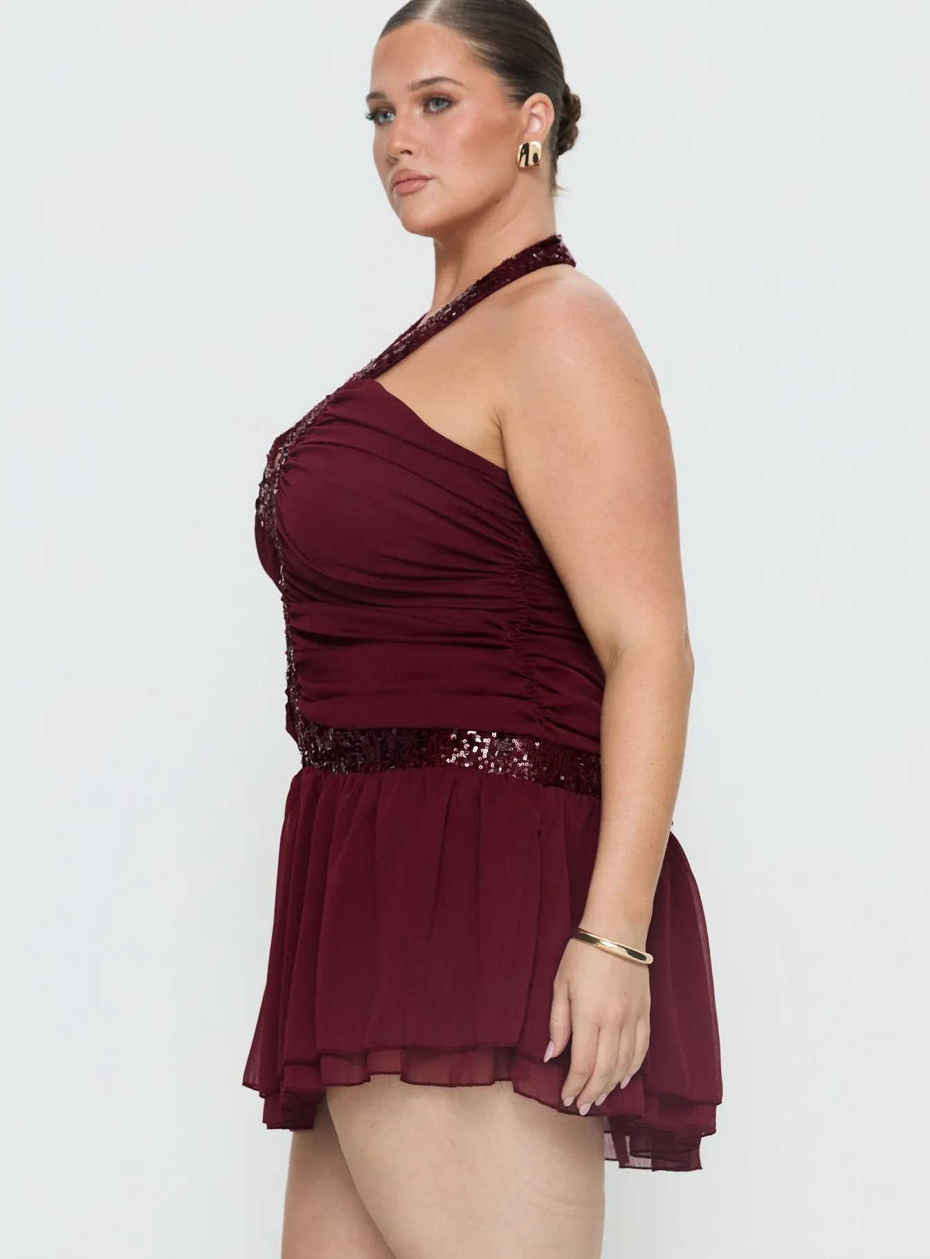 Aisleigh Sequin Halter Mini Dress Berry Curve sold by Princess Polly product image thumbnail 4