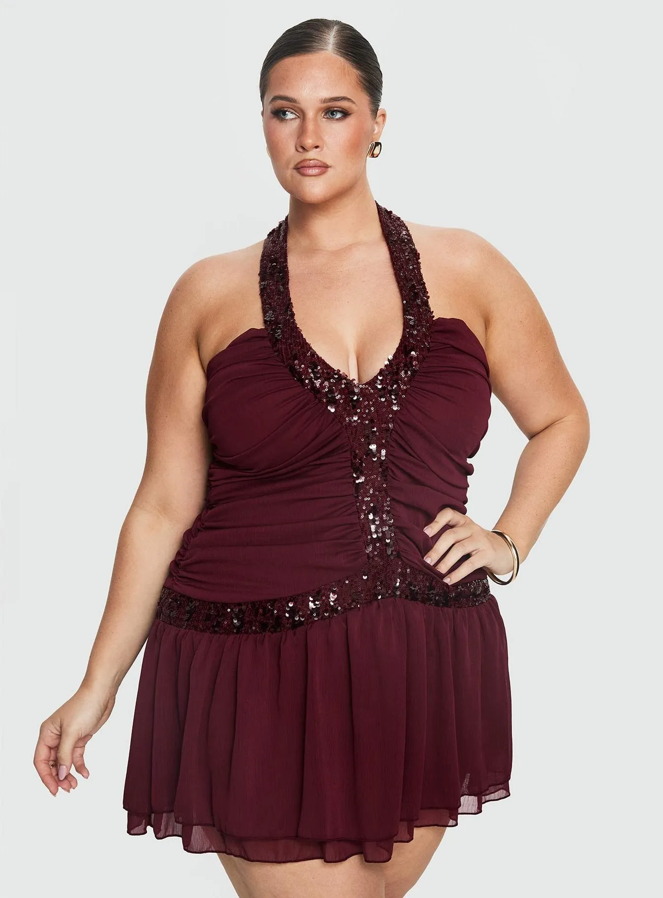 Aisleigh Sequin Halter Mini Dress Berry Curve sold by Princess Polly