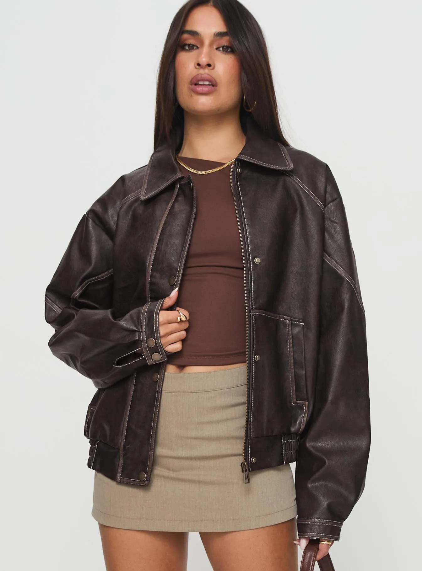 Jaxton Faux Leather Jacket Brown Petite sold by Princess Polly product image thumbnail 2