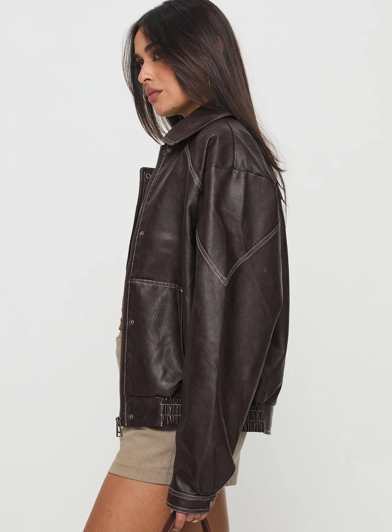 Jaxton Faux Leather Jacket Brown Petite sold by Princess Polly product image thumbnail 4