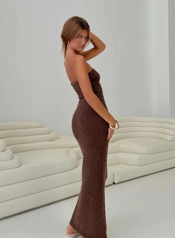 Cloud Strapless Boucle Maxi Dress Chocolate sold by Princess Polly