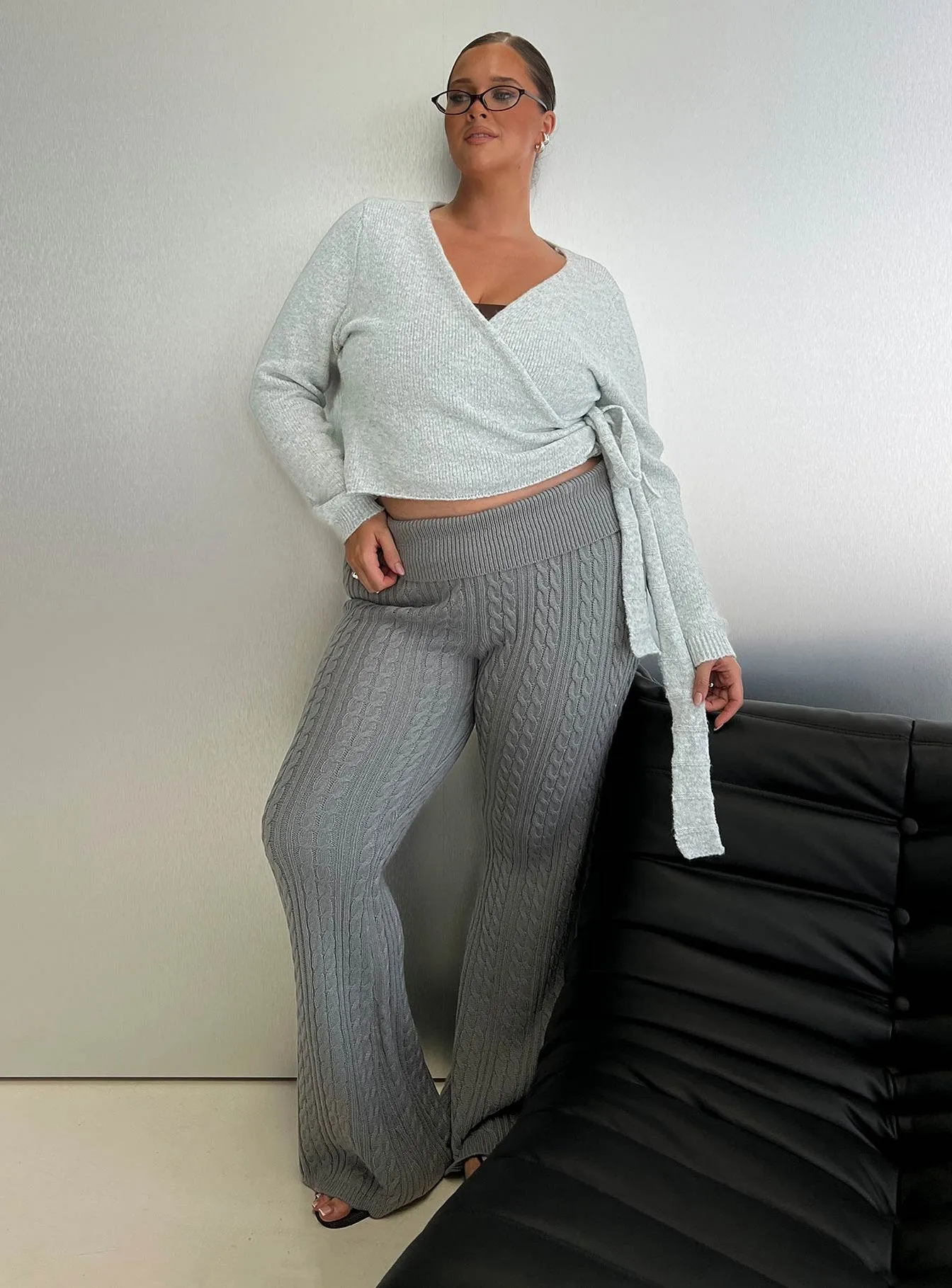 Baleigh Cable Knit Foldover Pants Grey Curve sold by Princess Polly