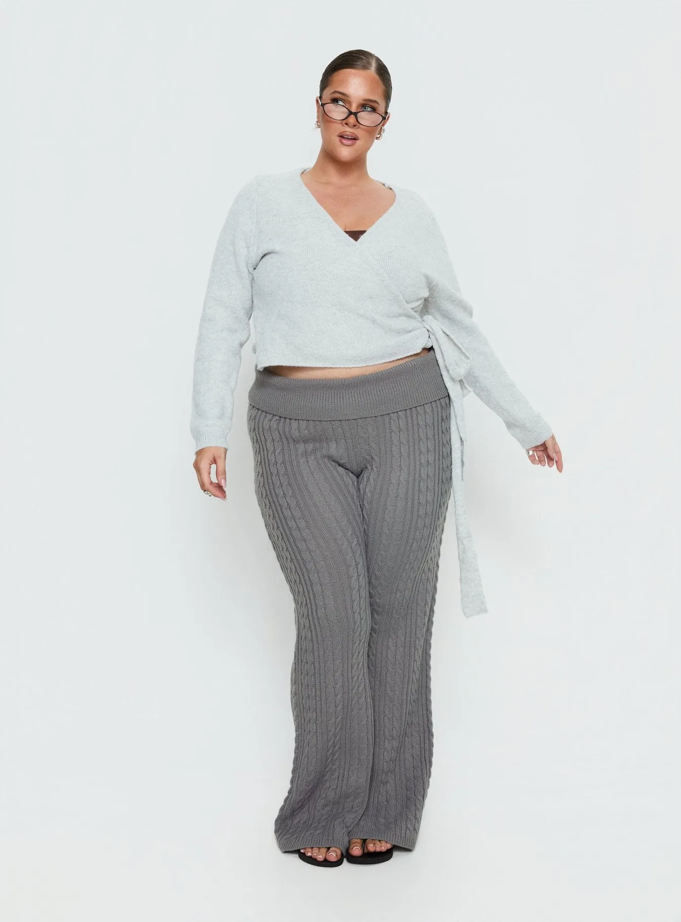 Baleigh Cable Knit Foldover Pants Grey Curve sold by Princess Polly product image thumbnail 3