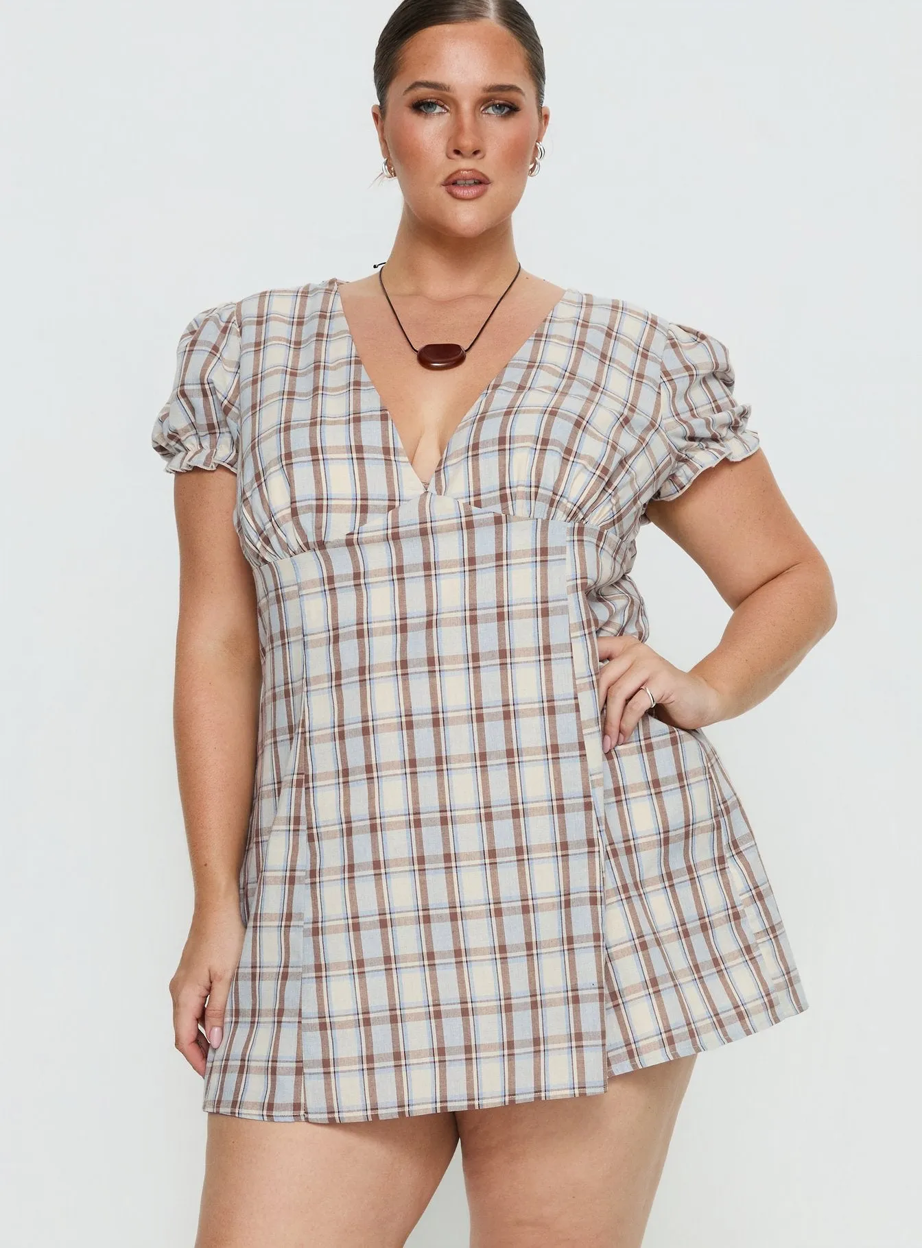 Mystee Plunge Neck Playsuit Blue Check Curve sold by Princess Polly product image thumbnail 2