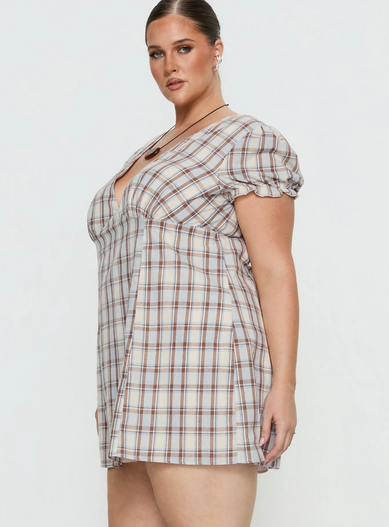 Mystee Plunge Neck Playsuit Blue Check Curve sold by Princess Polly product image thumbnail 4