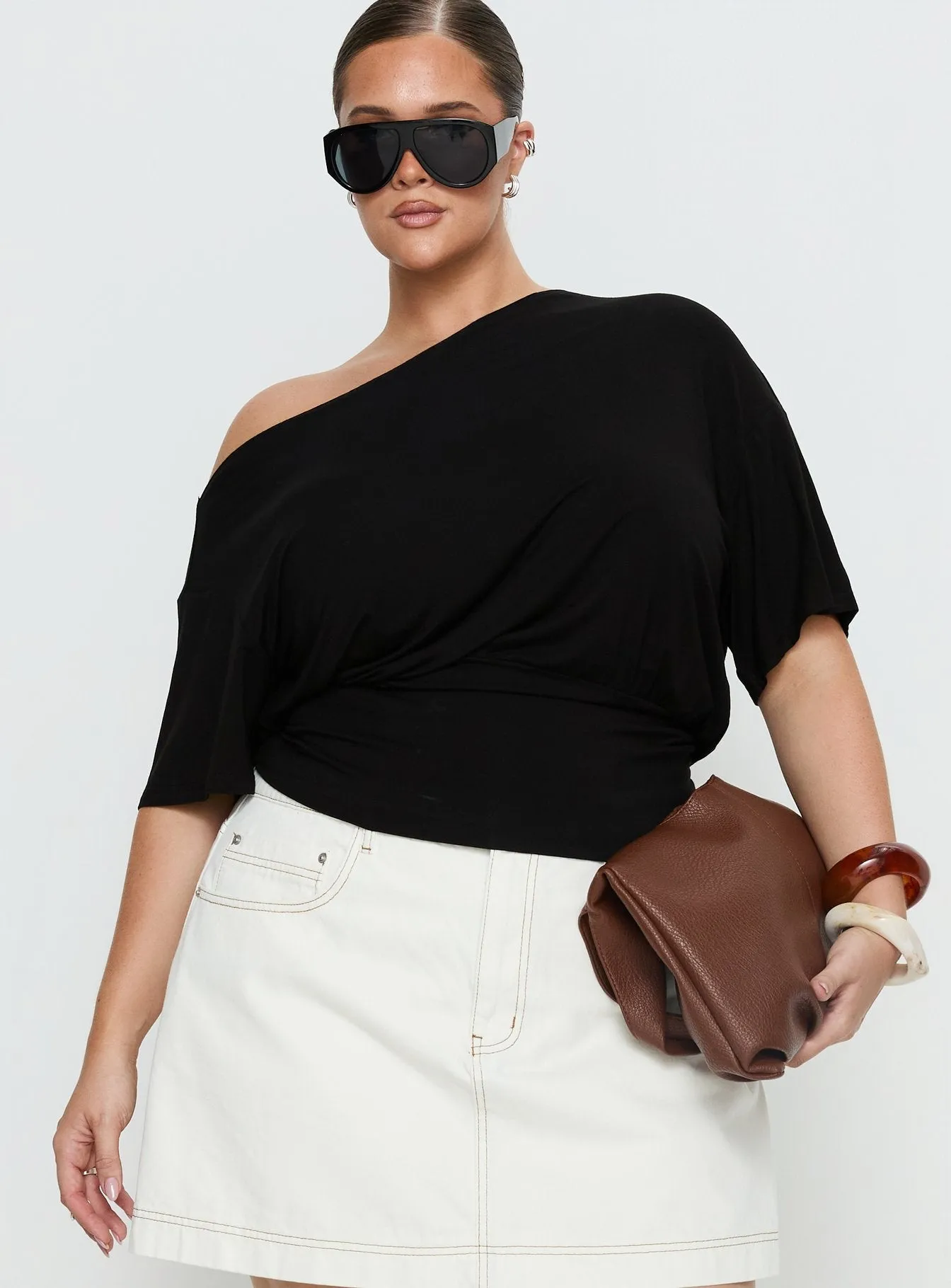 Ashlinn Off Shoulder Drapey Top Black Curve sold by Princess Polly product image thumbnail 2