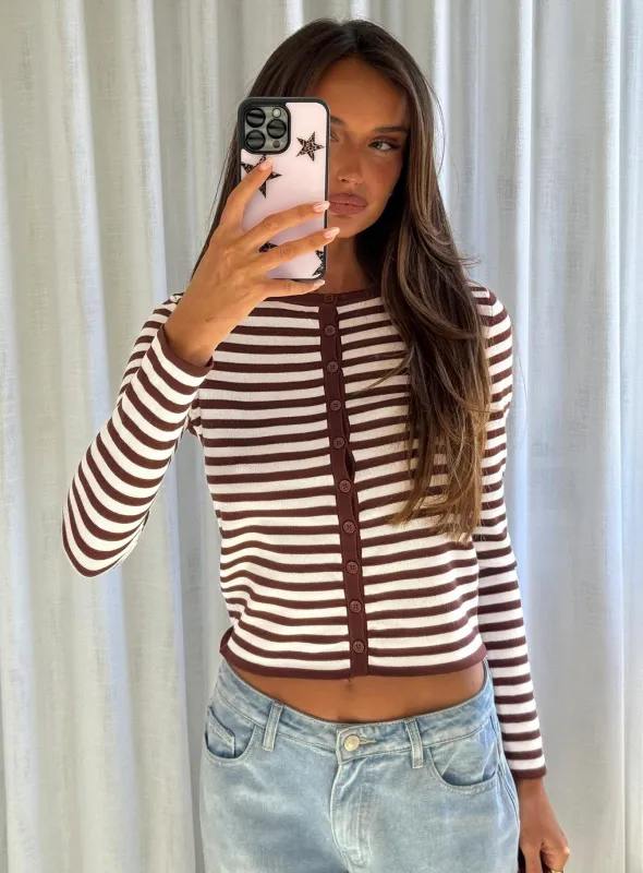 Elcie Button Up Cardigan Brown Stripe sold by Princess Polly