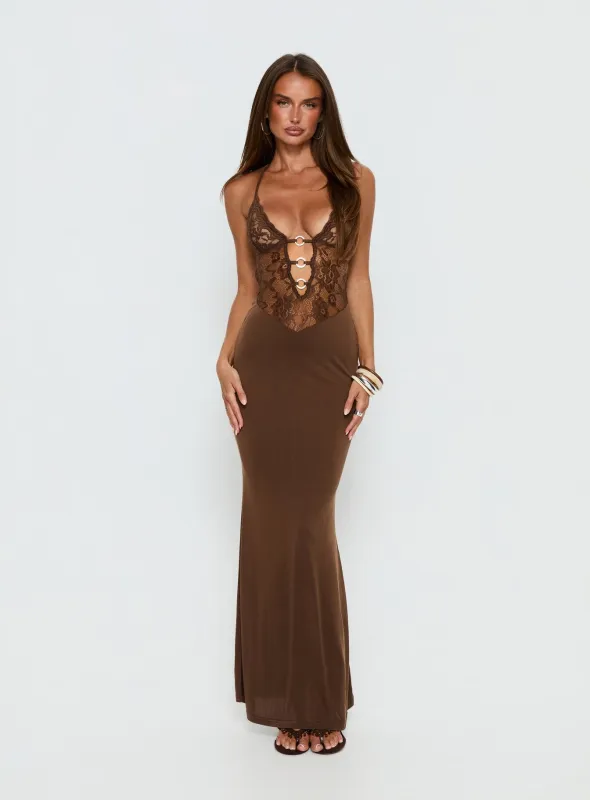 Totema Lace Halter Maxi Dress Chocolate sold by Princess Polly