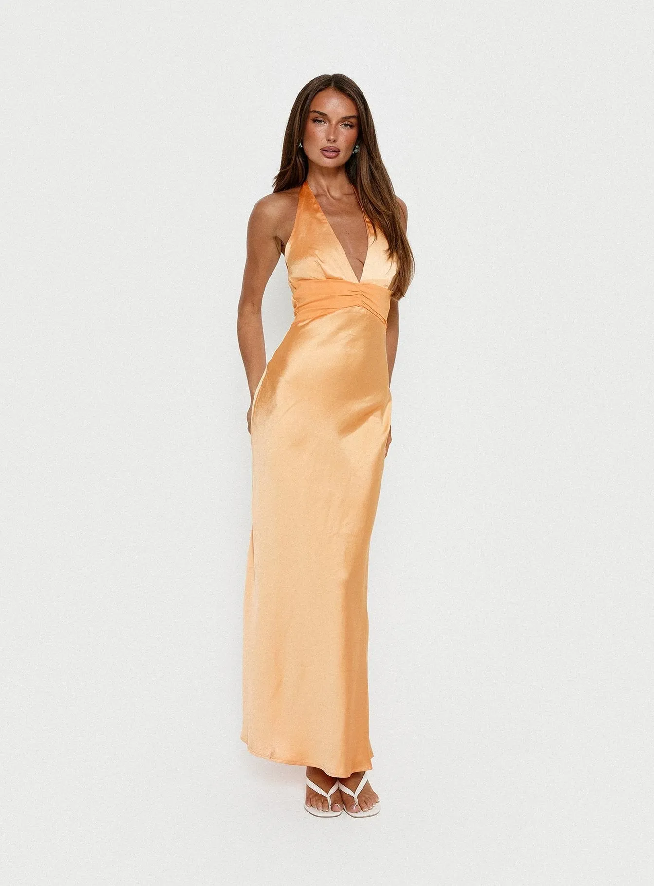 Sazenna Halter Plunge Maxi Dress Orange sold by Princess Polly
