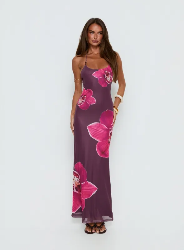 Kamina Beaded Halter Maxi Dress Plum Floral sold by Princess Polly