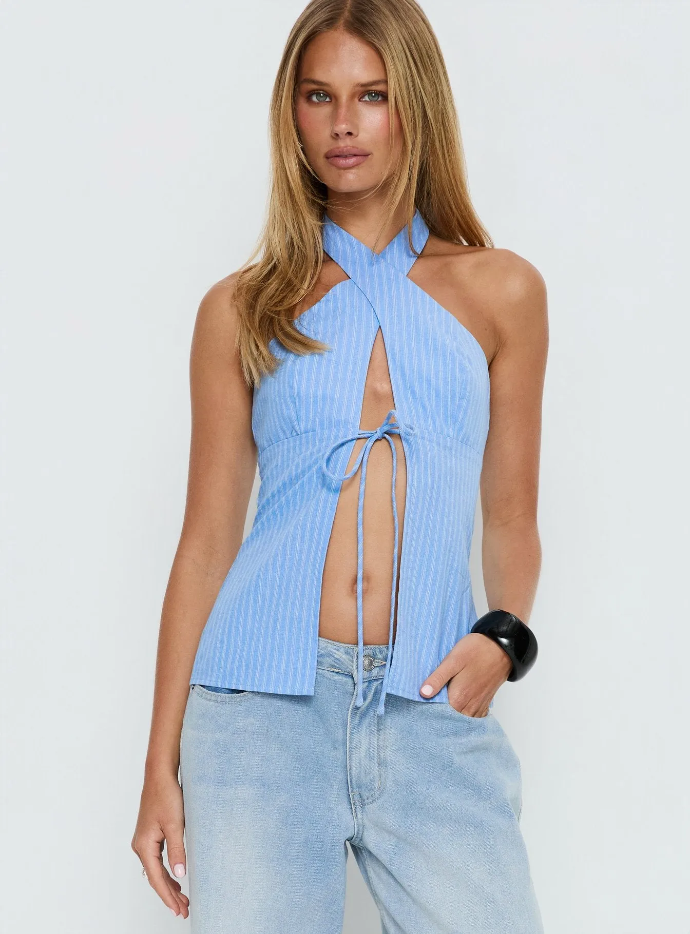 Sensational Cross Front Tie Detail Top Blue Stripe sold by Princess Polly