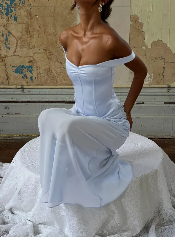 Angiola Corset Off Shoulder Maxi Dress Blue sold by Princess Polly