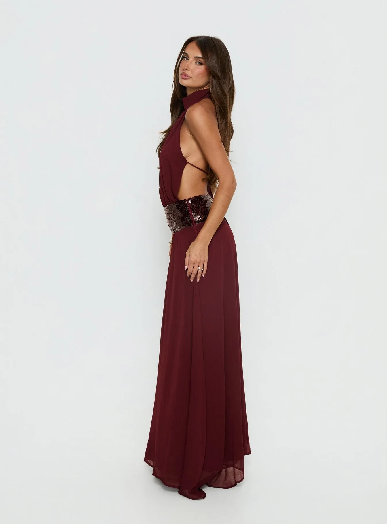 Darwinn Drop Waist Sequin Detail Maxi Dress Burgundy sold by Princess Polly product image thumbnail 4