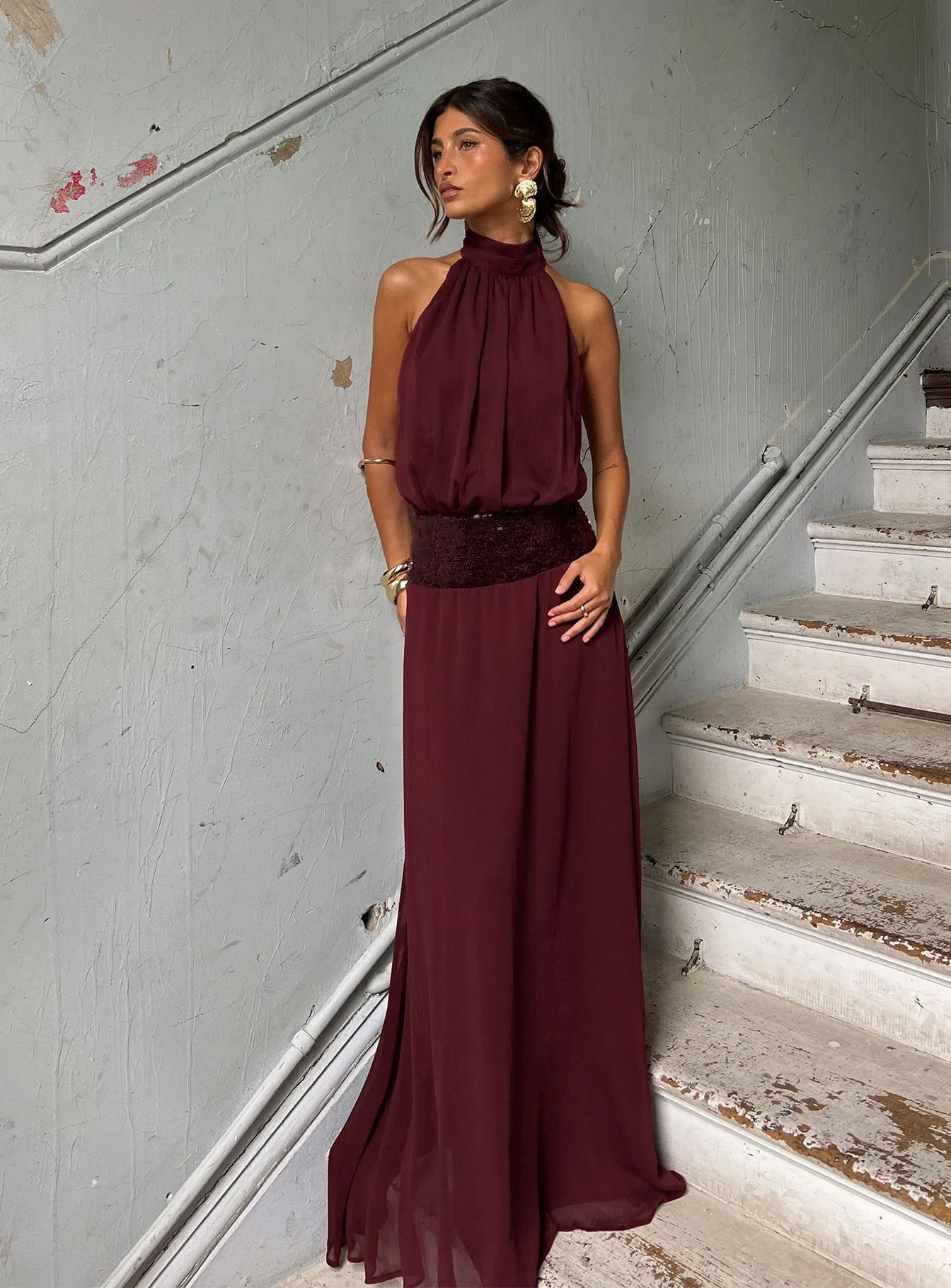 Darwinn Drop Waist Sequin Detail Maxi Dress Burgundy sold by Princess Polly