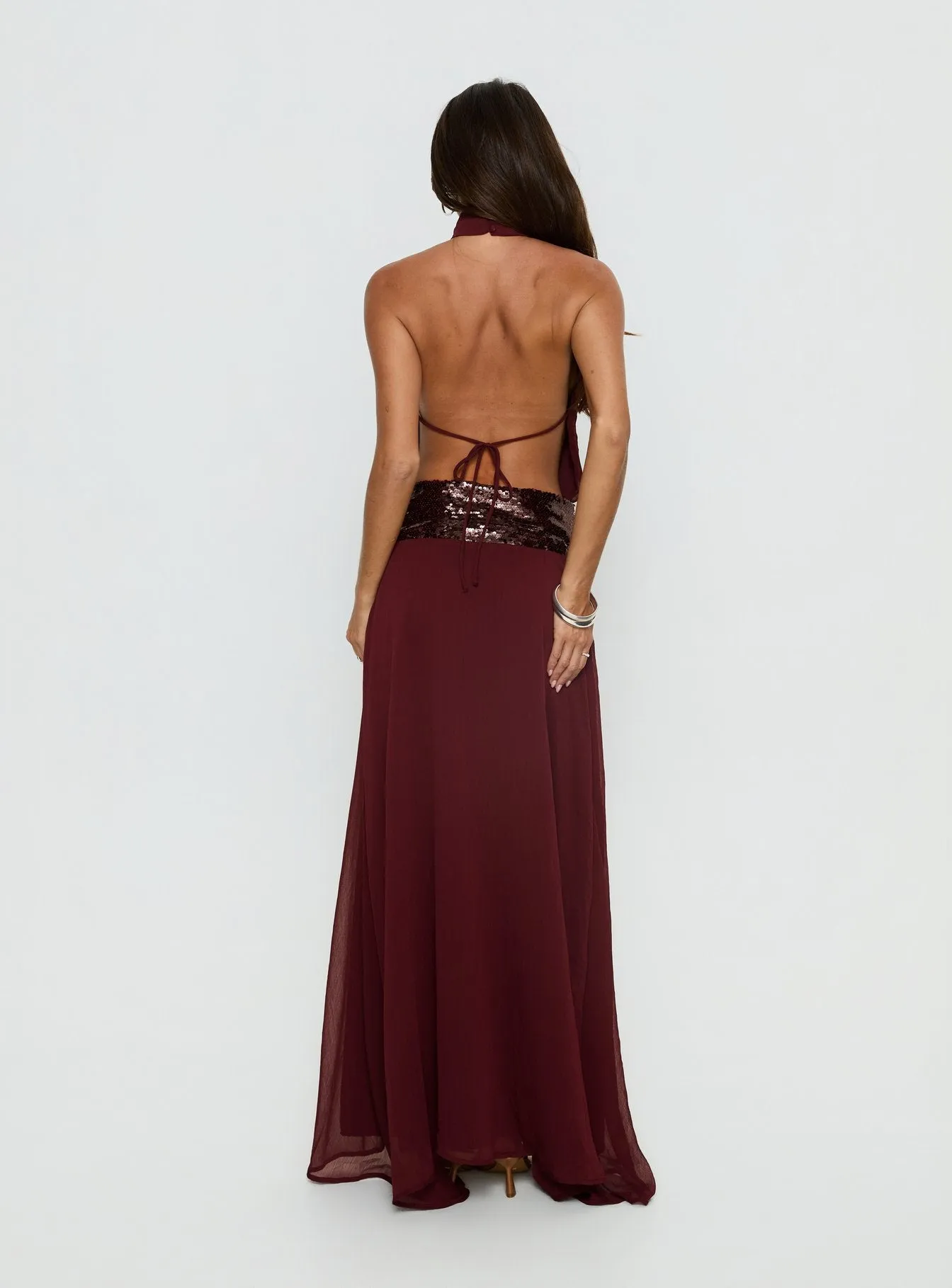 Darwinn Drop Waist Sequin Detail Maxi Dress Burgundy sold by Princess Polly product image thumbnail 5