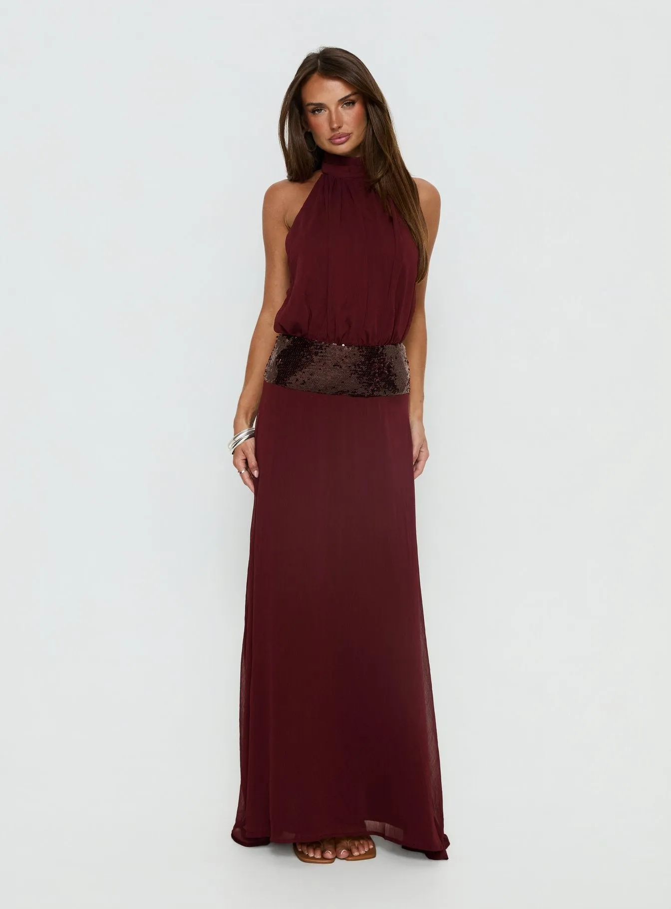 Darwinn Drop Waist Sequin Detail Maxi Dress Burgundy sold by Princess Polly product image thumbnail 2