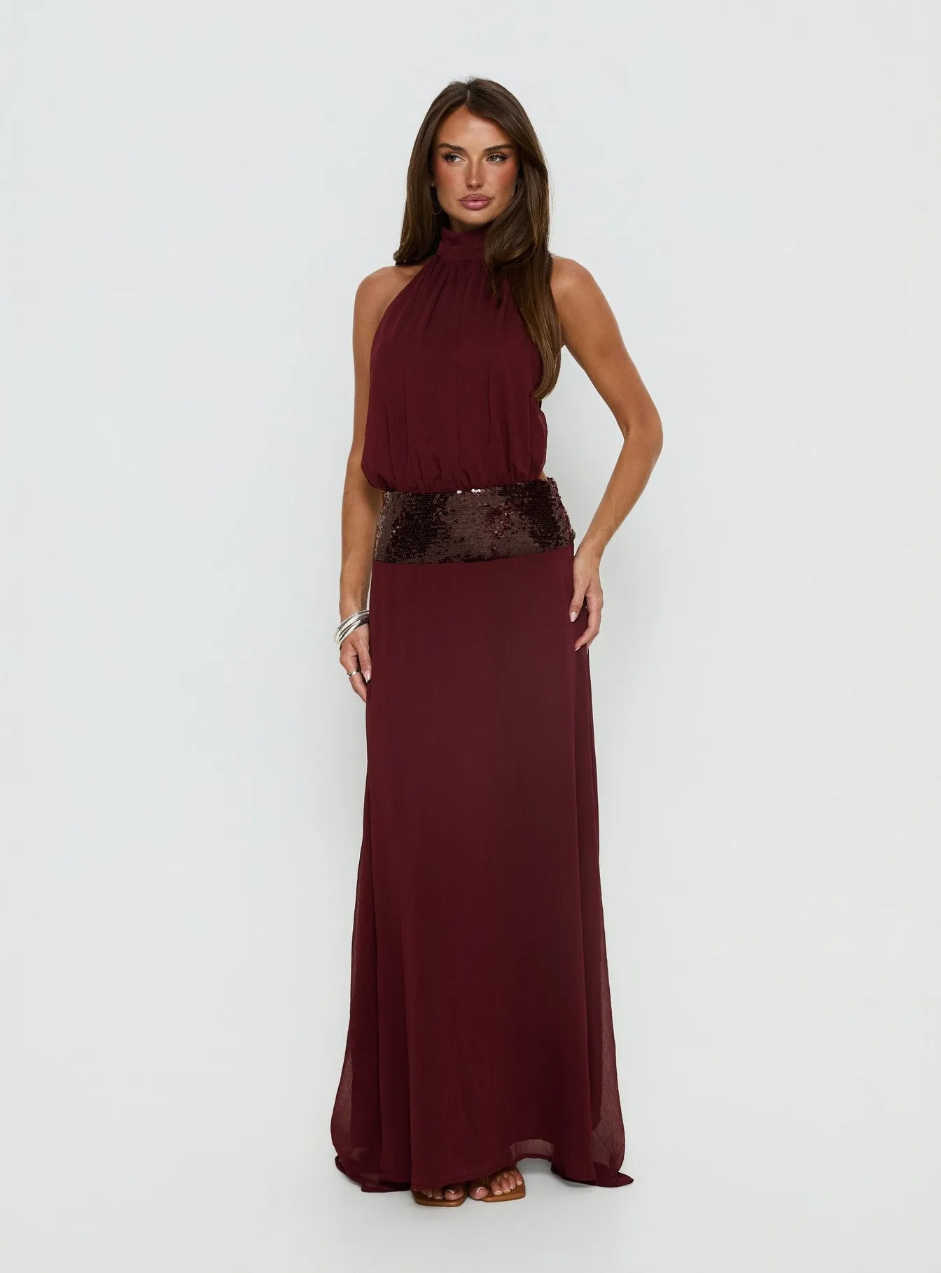 Darwinn Drop Waist Sequin Detail Maxi Dress Burgundy sold by Princess Polly product image thumbnail 3