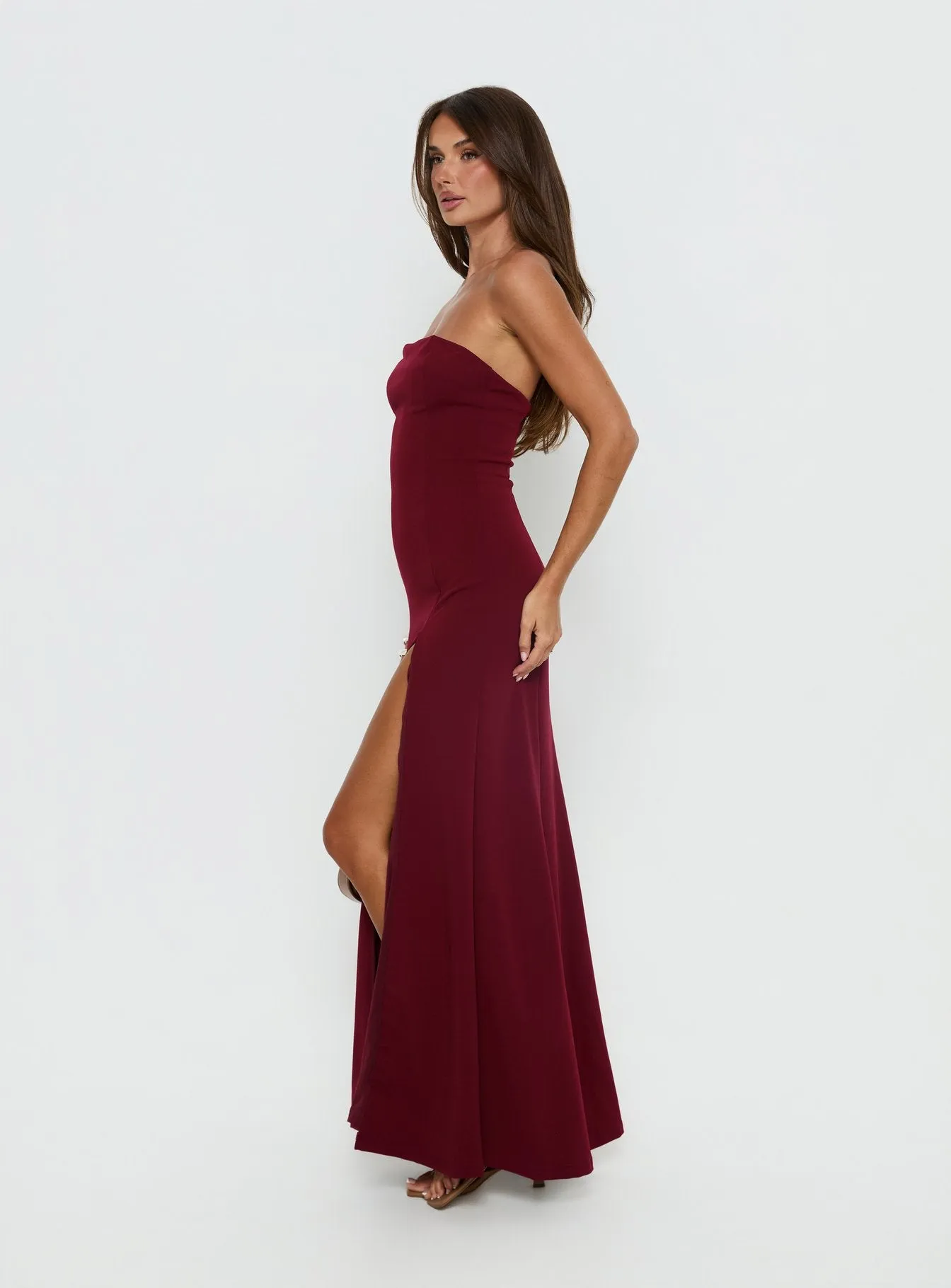 Diamanti Strapless High Slit Maxi Dress Burgundy sold by Princess Polly product image thumbnail 4