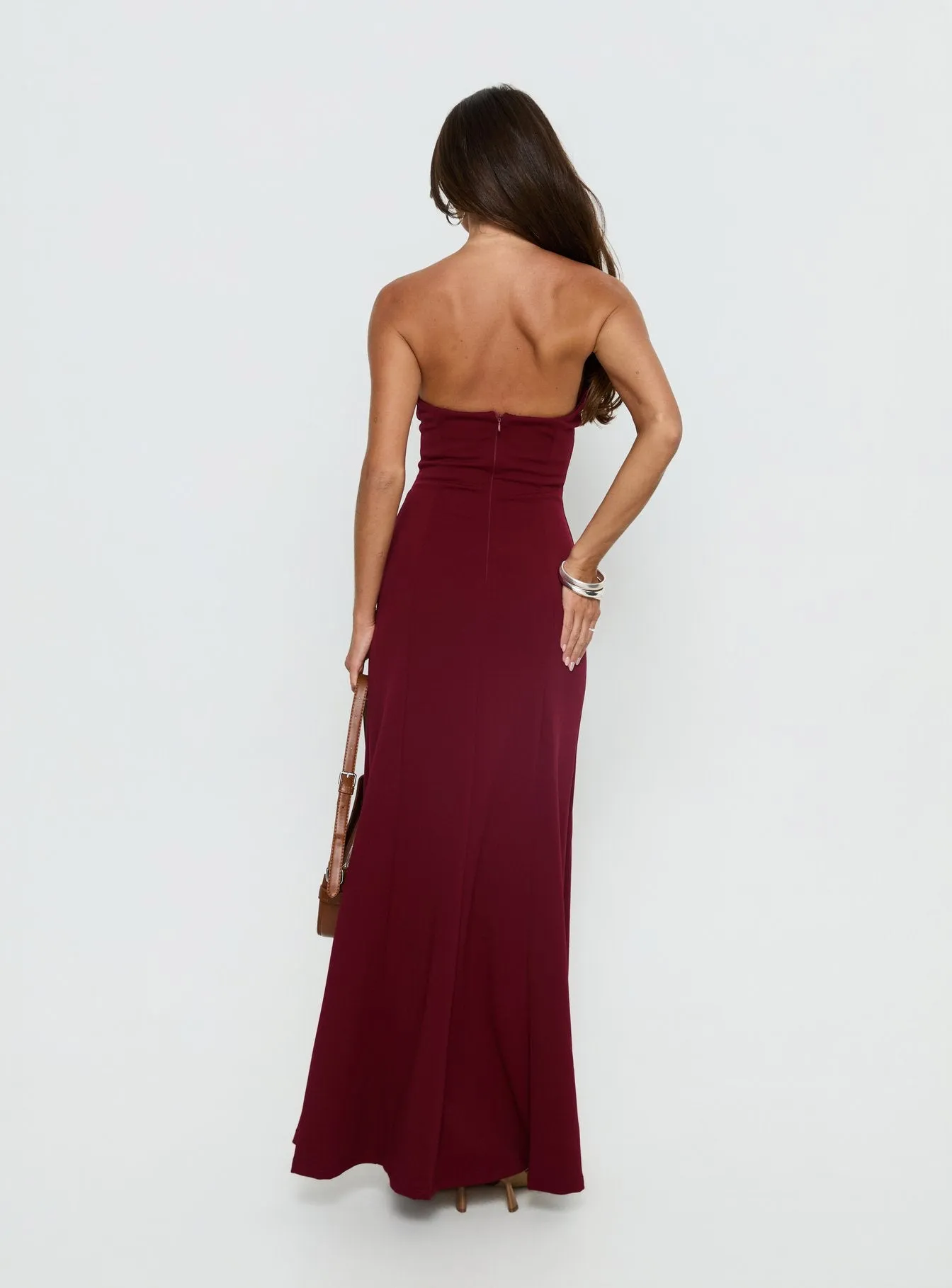 Diamanti Strapless High Slit Maxi Dress Burgundy sold by Princess Polly product image thumbnail 5