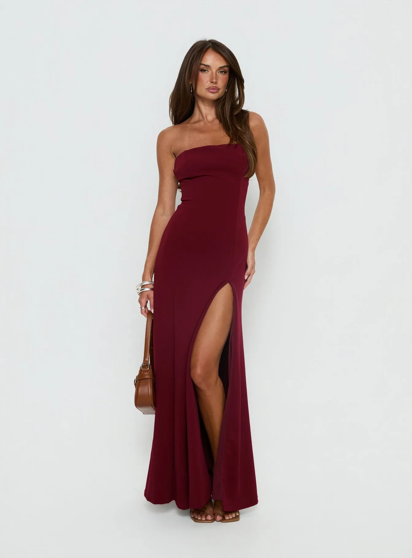Diamanti Strapless High Slit Maxi Dress Burgundy sold by Princess Polly product image thumbnail 2