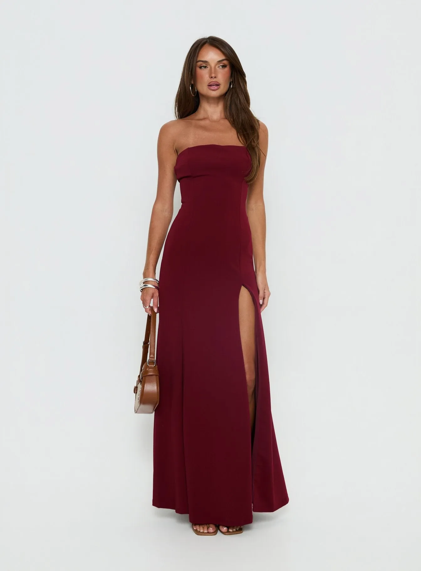 Diamanti Strapless High Slit Maxi Dress Burgundy sold by Princess Polly product image thumbnail 3