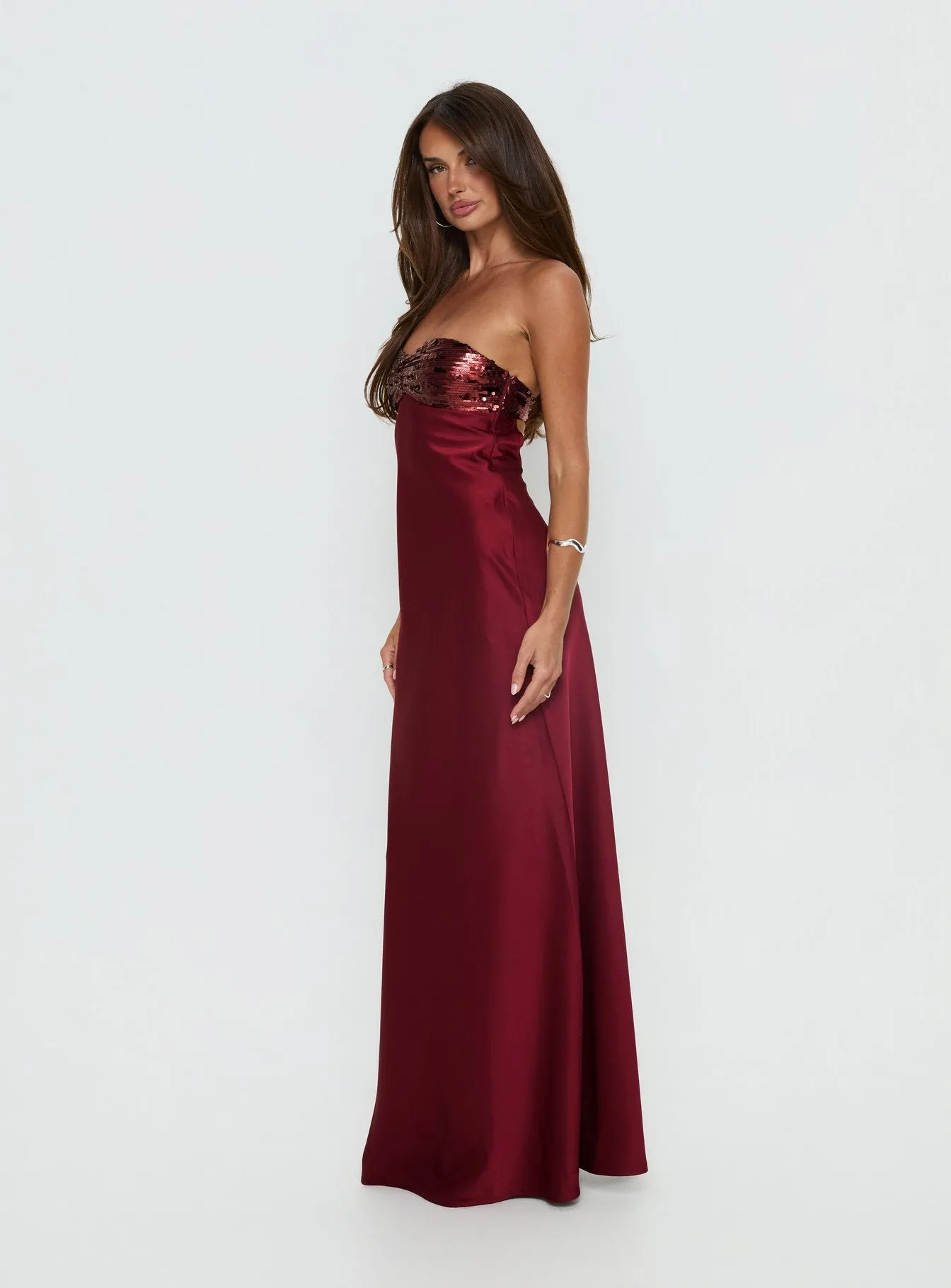 See The Vision Sequin Bust Strapless Maxi Dress Burgundy sold by Princess Polly product image thumbnail 4