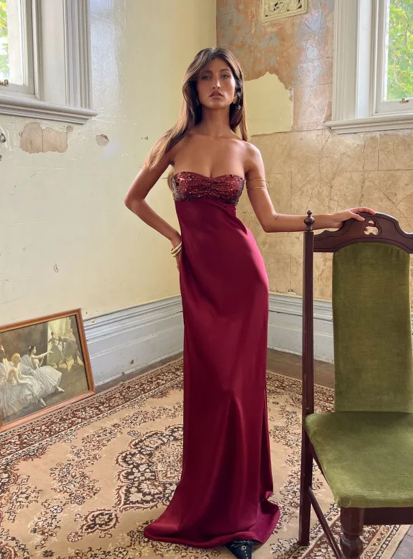 See The Vision Sequin Bust Strapless Maxi Dress Burgundy sold by Princess Polly