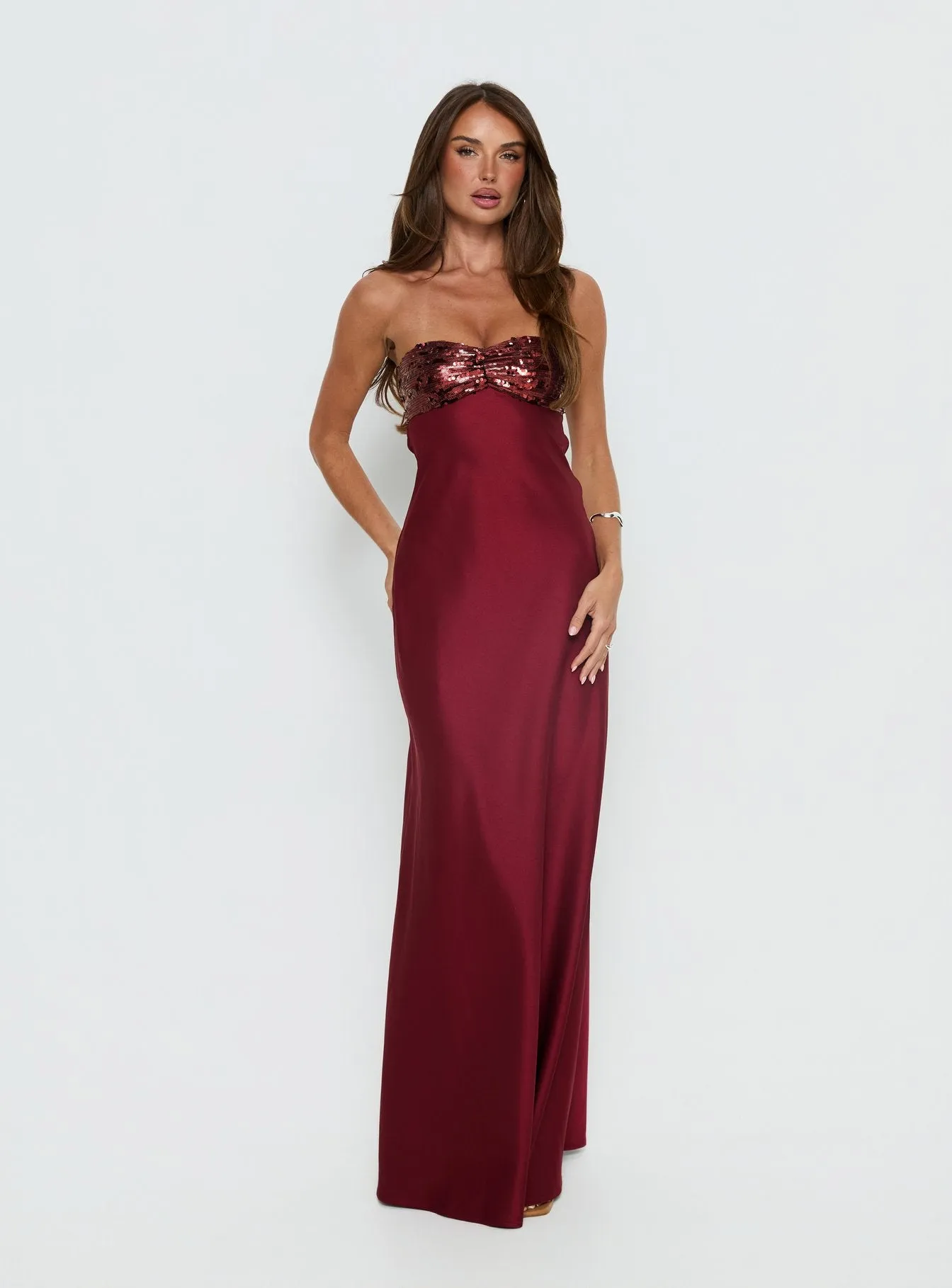 See The Vision Sequin Bust Strapless Maxi Dress Burgundy sold by Princess Polly product image thumbnail 2