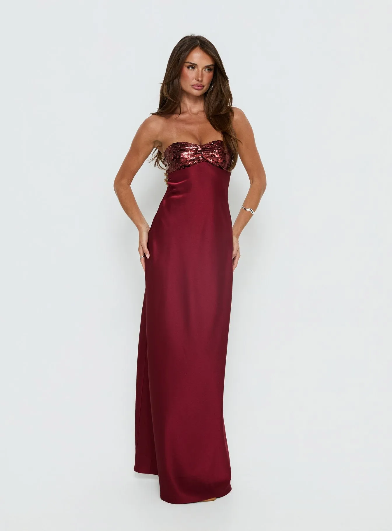 See The Vision Sequin Bust Strapless Maxi Dress Burgundy sold by Princess Polly product image thumbnail 3