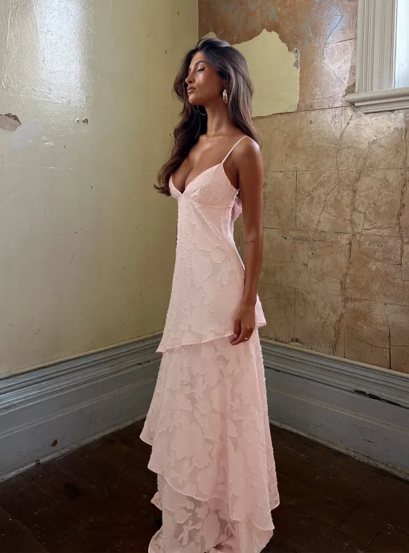 Lyricah Tiered Tie Back Maxi Dress Pink made by Princess Polly