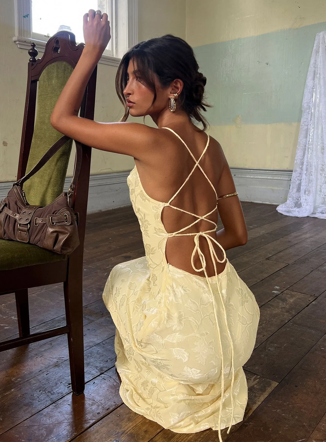 Celena Maxi Dress Lemon Burnout sold by Princess Polly