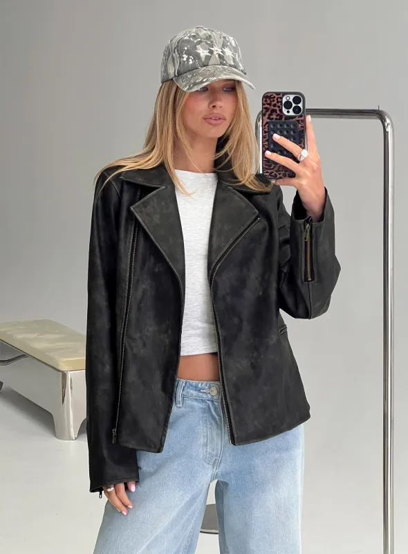 Vyolette Faux Leather Collared Jacket Washed Black sold by Princess Polly
