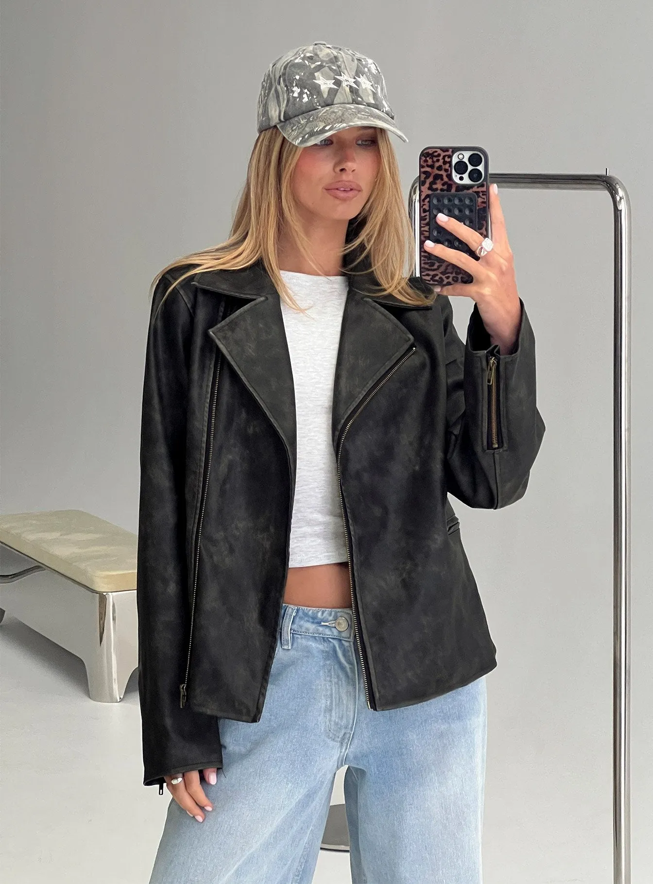 Vyolette Faux Leather Collared Jacket Washed Black sold by Princess Polly