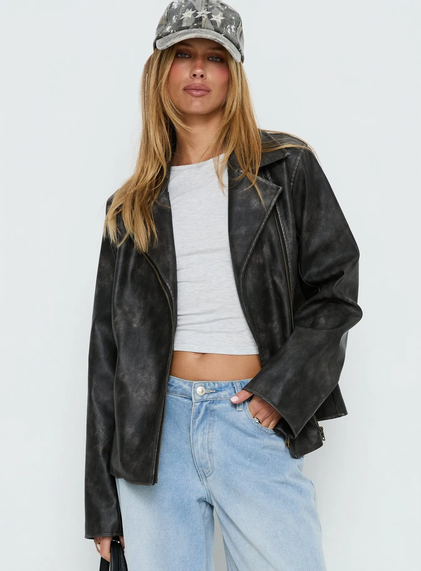Vyolette Faux Leather Collared Jacket Washed Black sold by Princess Polly product image thumbnail 2