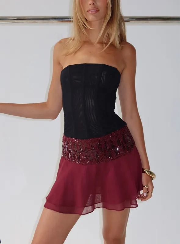 Zenayda Drop Waist Sequin Mini Skirt Burgundy sold by Princess Polly