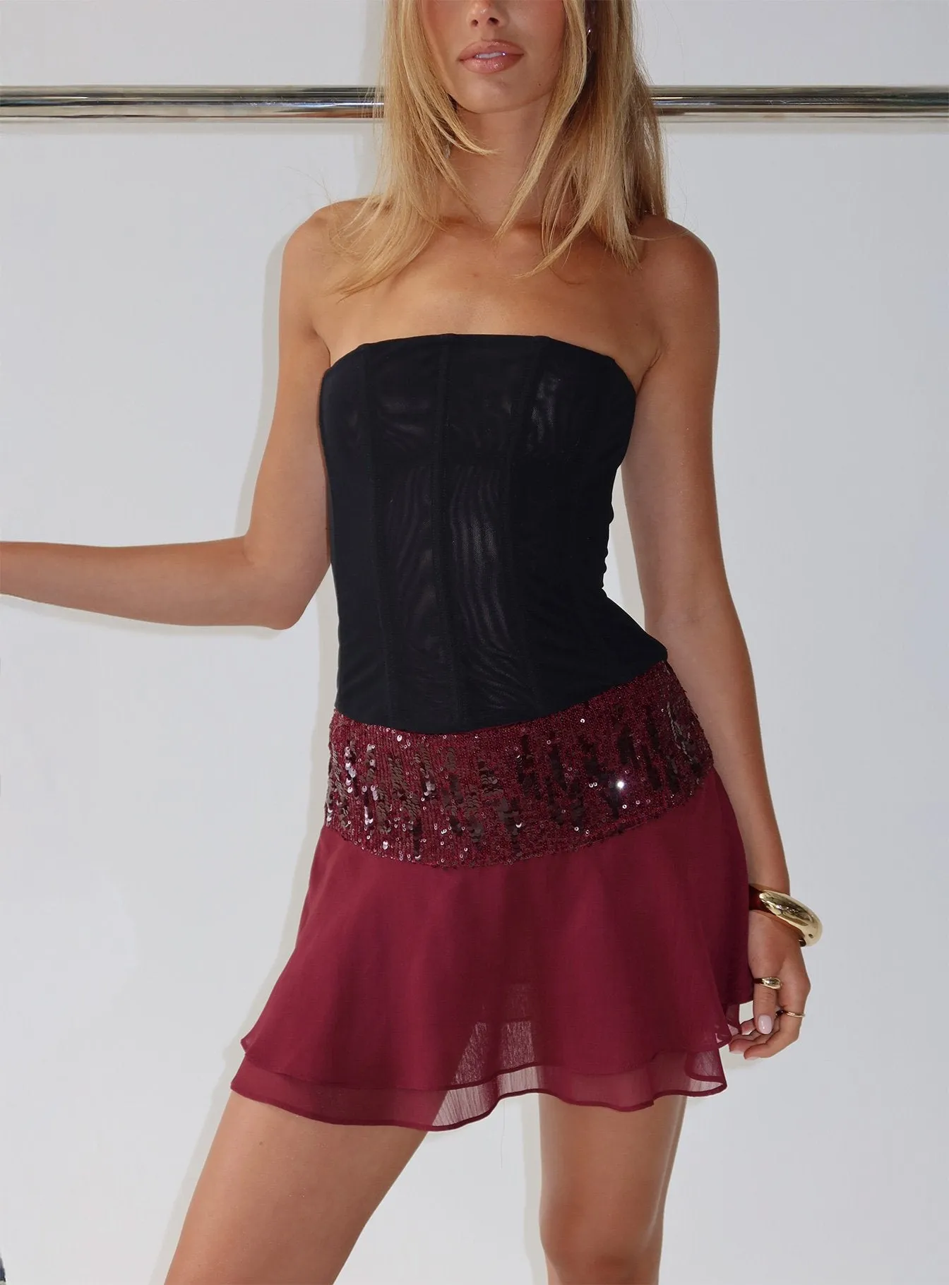 Zenayda Drop Waist Sequin Mini Skirt Burgundy sold by Princess Polly