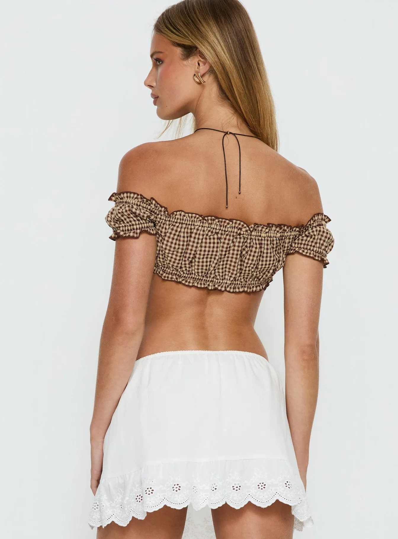 We Can't Stop Ruched Strapless Top Brown Gingham sold by Princess Polly product image thumbnail 5