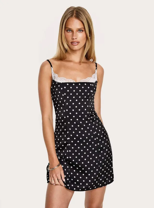 Renaissance Corset Lace Mini Dress Black / White Polka Dot sold by Princess Polly