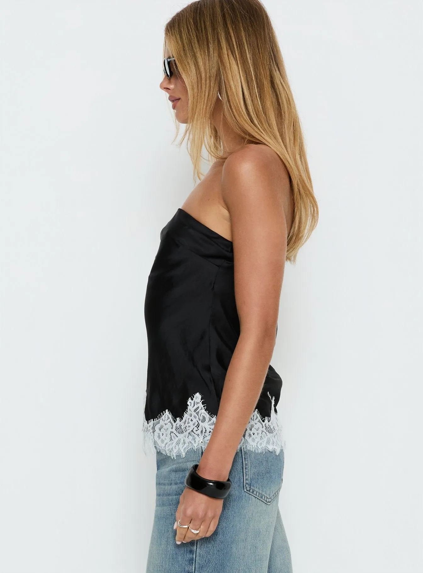 Fiorelle Strapless Lace Trim Satin Top Black / White sold by Princess Polly product image thumbnail 4