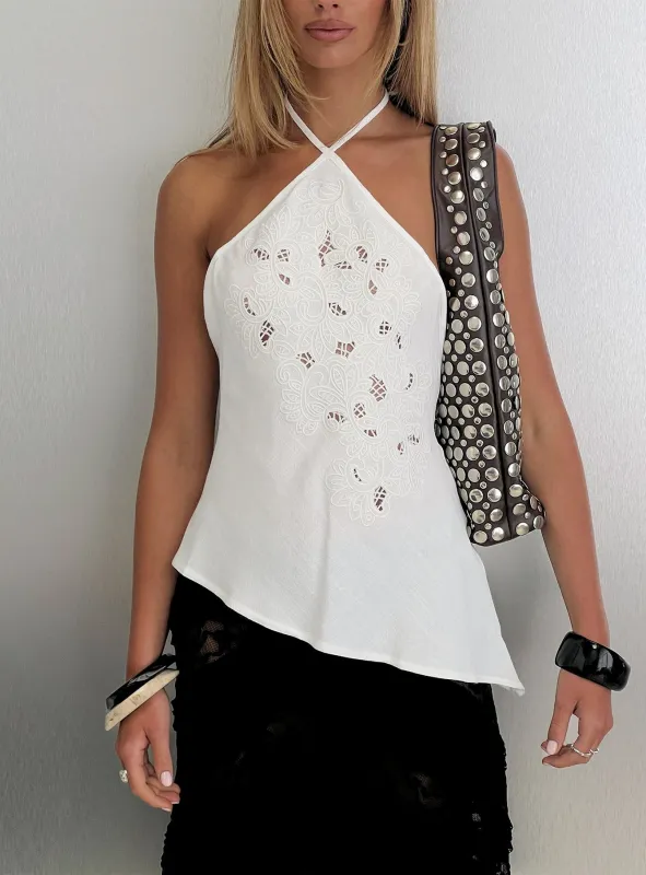 Bonanza Asymmetrical Halter Top White sold by Princess Polly