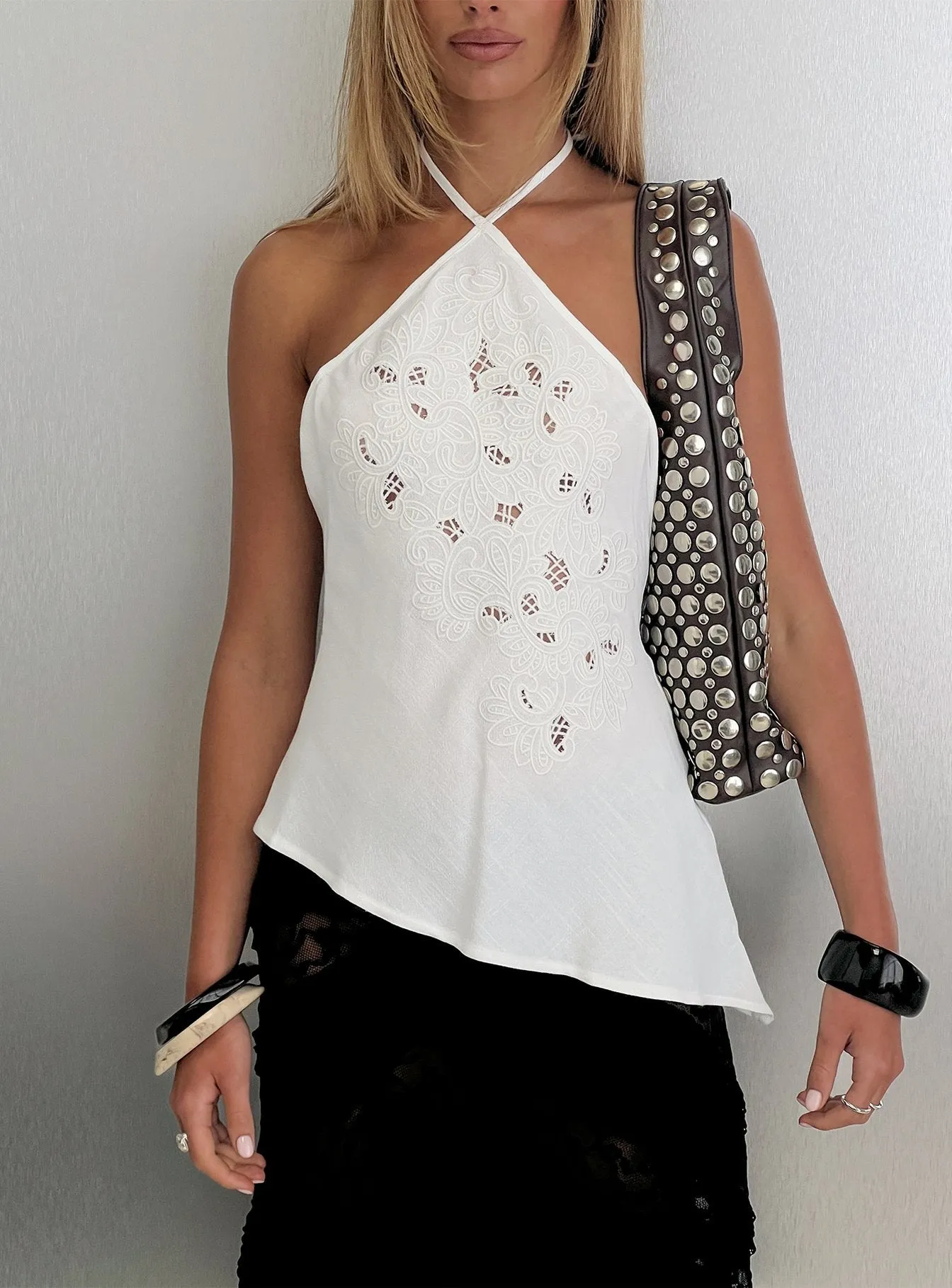 Bonanza Asymmetrical Halter Top White sold by Princess Polly