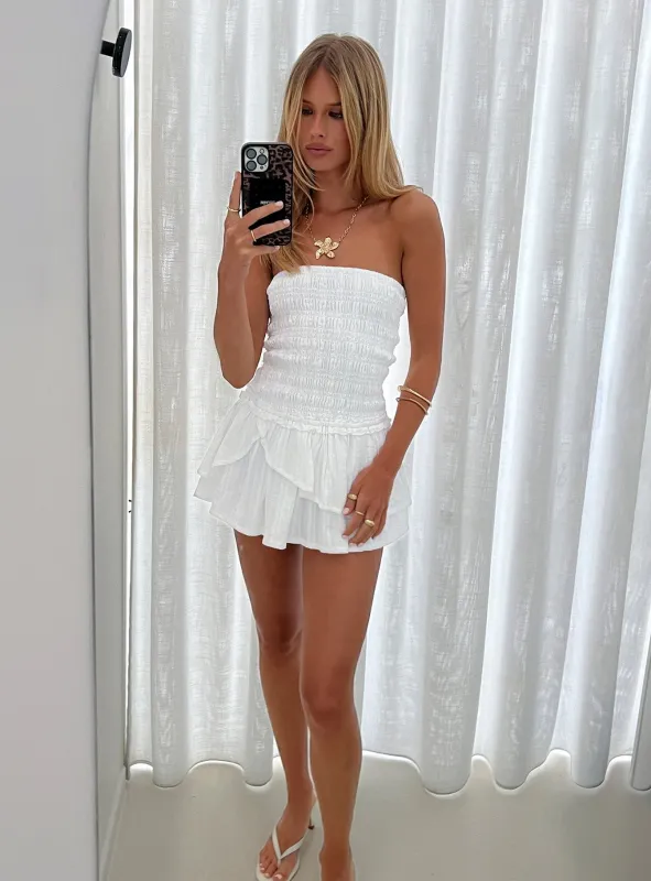 Ayanni Shirred Strapless Mini Playsuit White sold by Princess Polly