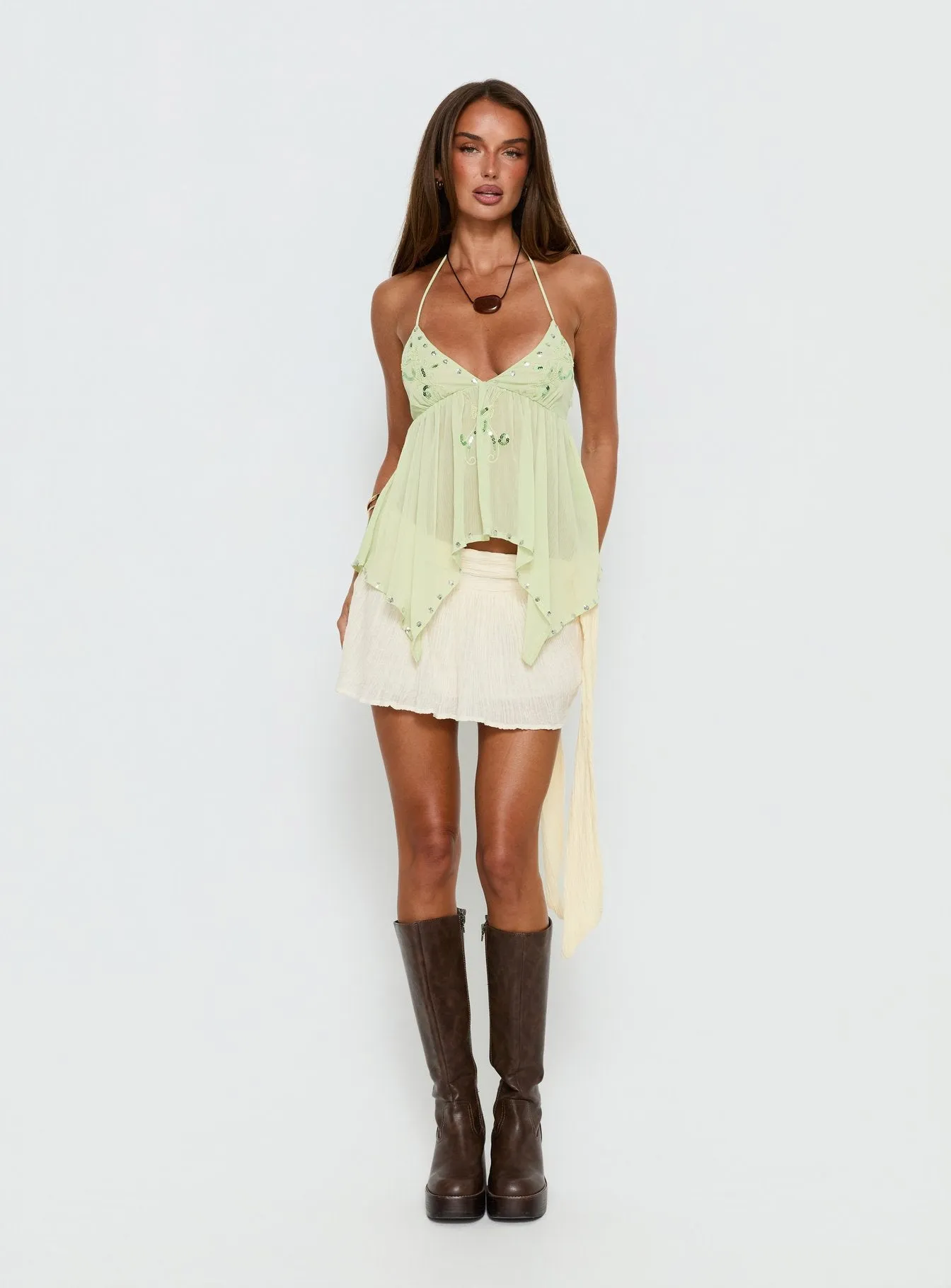 Wistie Asymmetrical Beaded Top Green sold by Princess Polly product image thumbnail 3