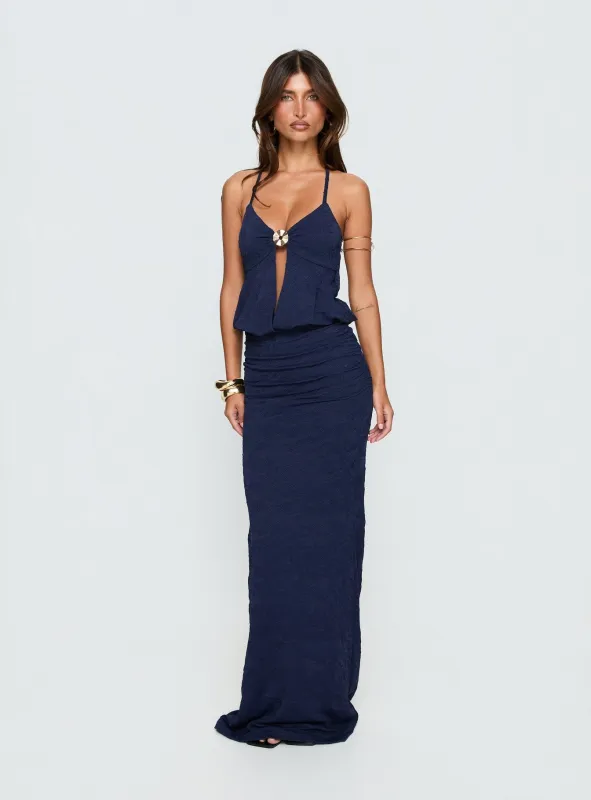 Sungold Halter Maxi Dress Navy sold by Princess Polly